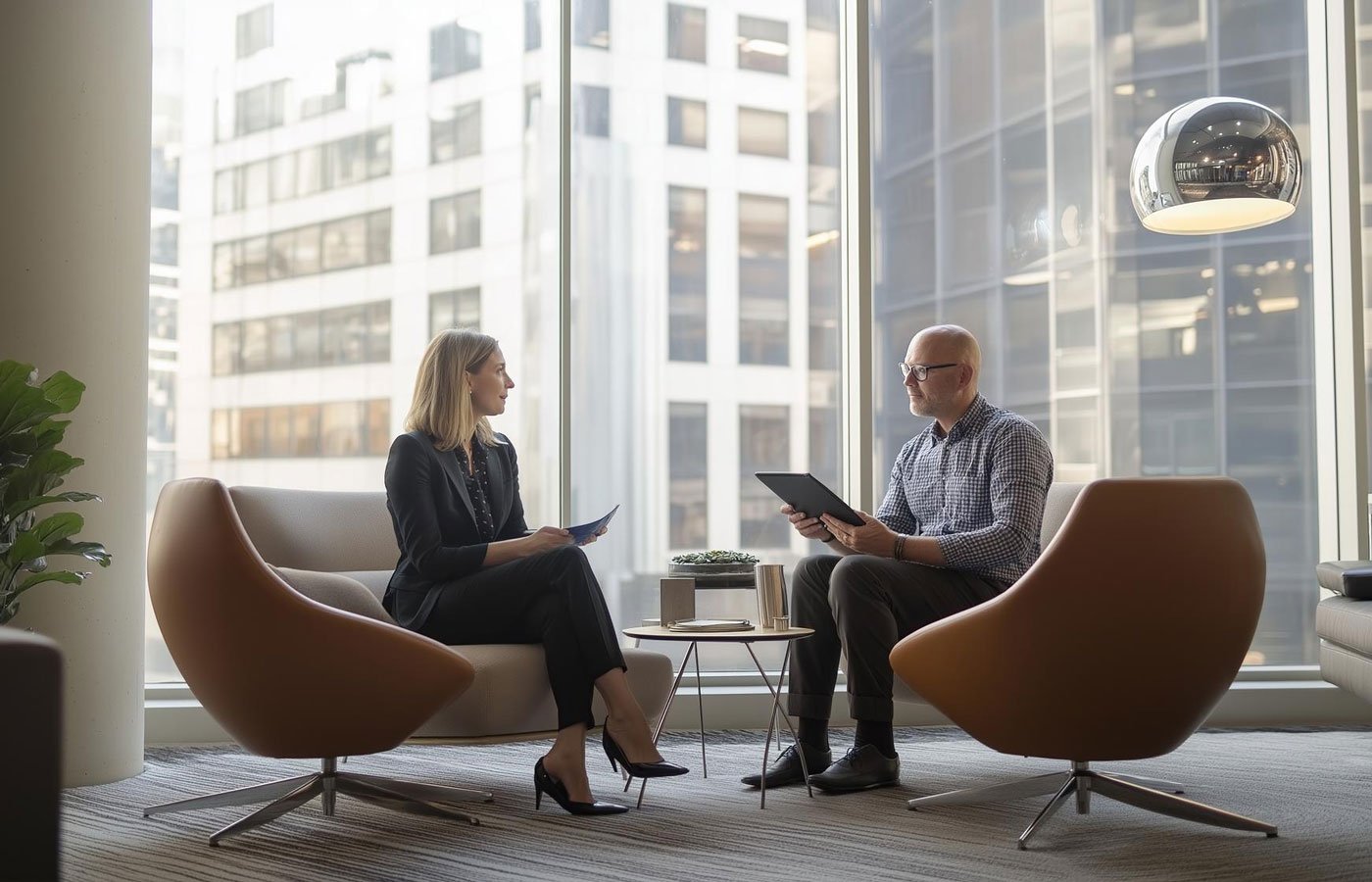 Consultant and client discussing business consultancy services UK in a modern office