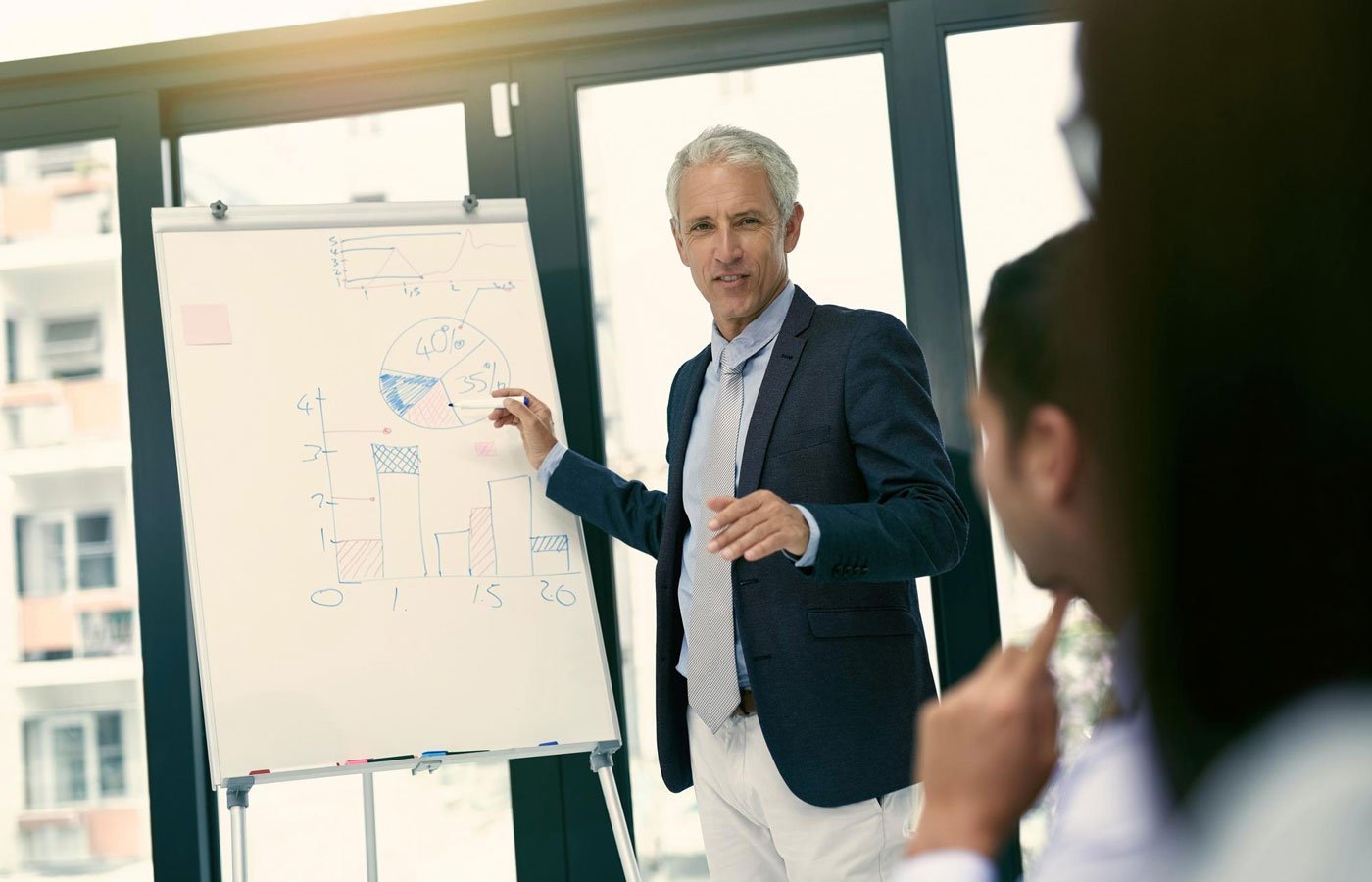 Team reviewing a consultation report on a whiteboard, part of WEconsults' business consultancy services UK process